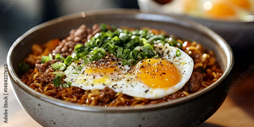 Spicy Ramen Bowl with Eggs and Fresh Vegetables in Rich Broth Spicy Ramen Bowl with Eggs and Fresh Vegetables in Rich Broth