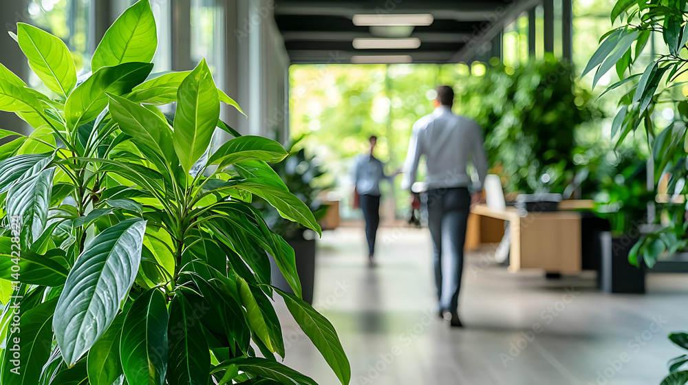 Bright Office Hallway with Green Plants and Two Workers in Blurred Background