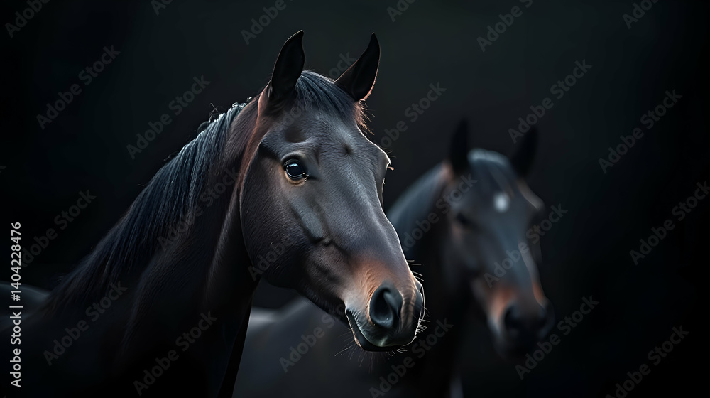 Two Dark Horses in Low Light Portrait