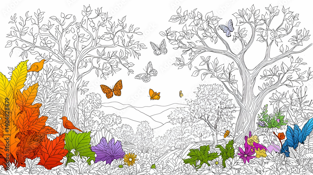 Colorful Autumn Leaves and Butterflies on White Background