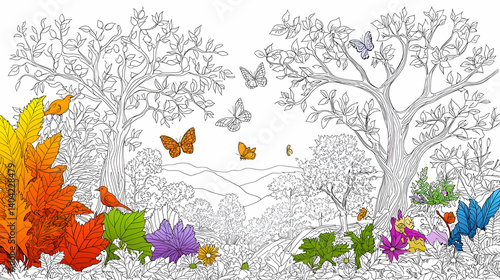 Obraz na płótnie Colorful Autumn Leaves and Butterflies on White Background w salonie