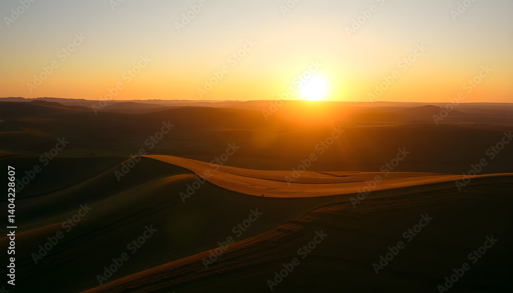 sun is setting over a desert landscape sun is setting over a desert landscape