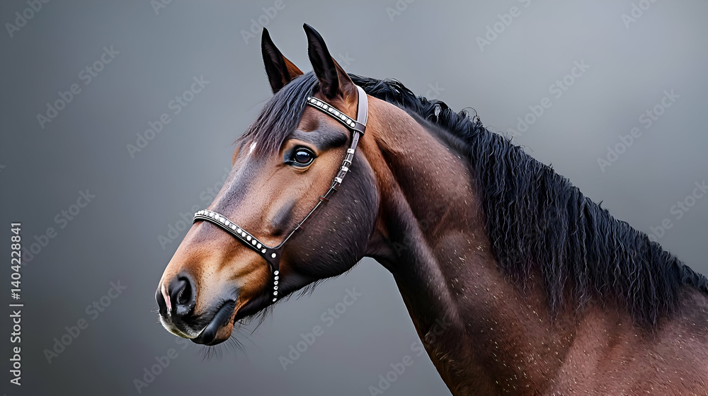 Portrait of a Wet Brown Horse Against a Gray Background