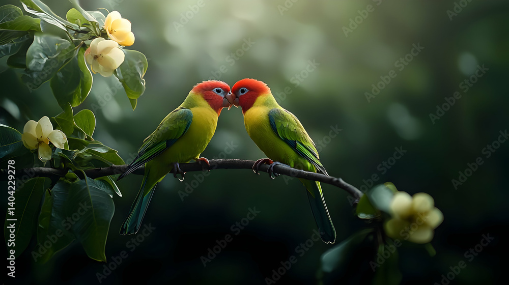 Two Parrots Kissing On A Branch With Flowers
