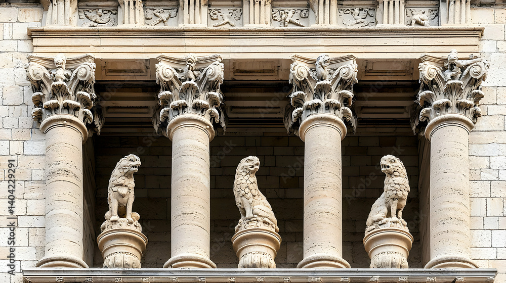 Ornamental Stone Lions on Columns of Historic Building Facade