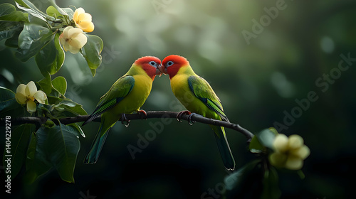 Obraz na płótnie Two Parrots Kissing On A Branch With Flowers w salonie