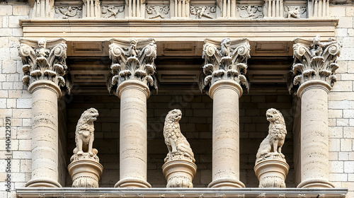 Obraz na płótnie Ornamental Stone Lions on Columns of Historic Building Facade w salonie