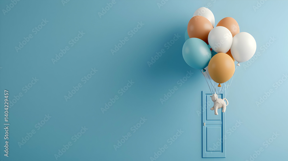Cute Toy Dog Floating Upwards With Colorful Balloons From Blue Doorway In Light Blue Background