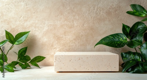 Stone Pedestal with Green Plant for Product Display Mockup