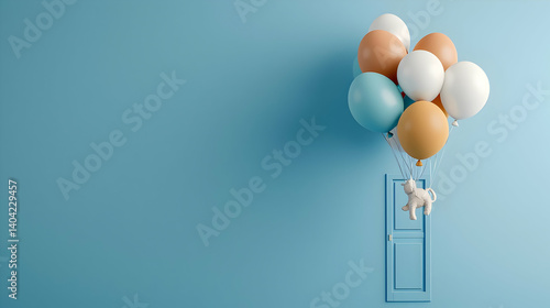 Obraz na płótnie Cute Toy Dog Floating Upwards With Colorful Balloons From Blue Doorway In Light Blue Background w salonie