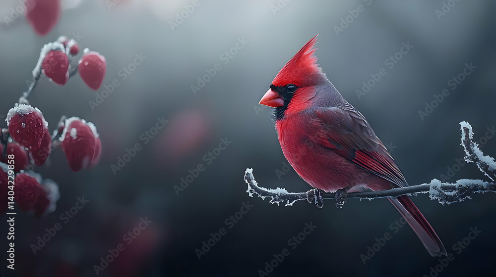 Red Cardinal On Snowy Branch With Frozen Berries