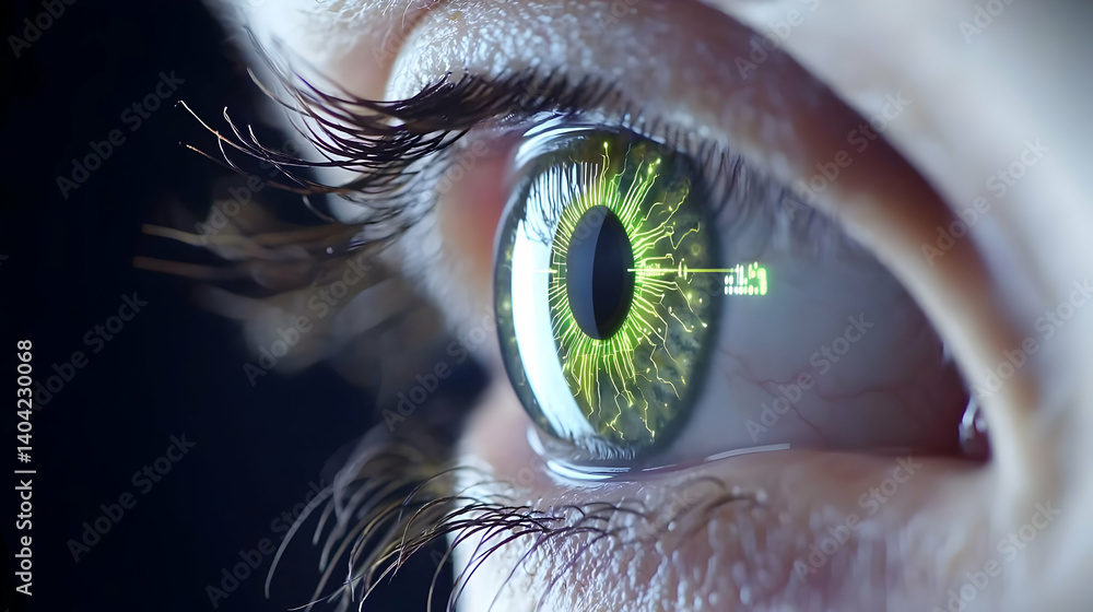 Close Up Of Glowing Green Human Eye With Digital Pattern