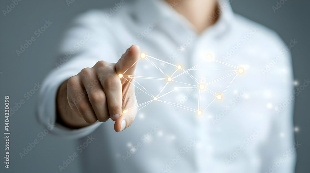 Man in White Shirt Pointing at Digital Network of Glowing Nodes on Gray Background