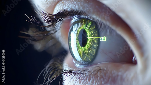 Obraz na płótnie Close Up Of Glowing Green Human Eye With Digital Pattern w salonie