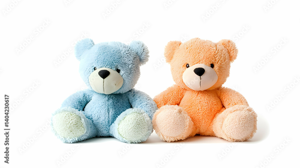 Two Pastel Teddy Bears Sitting On White Background