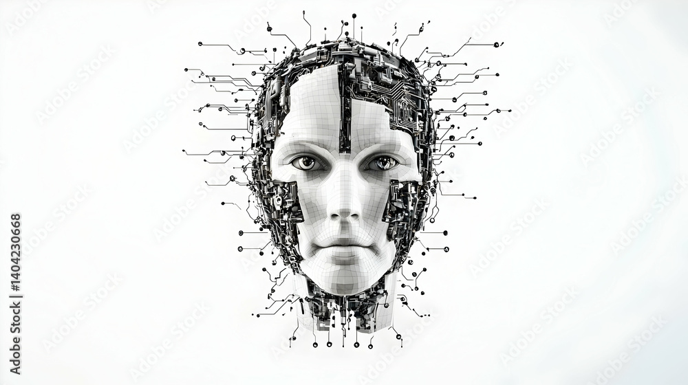 Abstract Artificial Face Depicting Technology and Data with a White Background