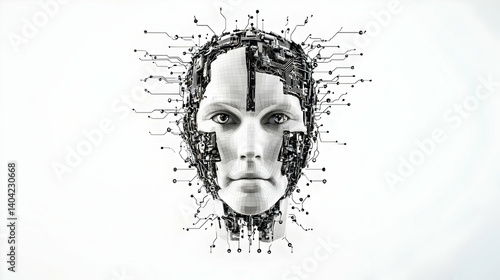 Obraz na płótnie Abstract Artificial Face Depicting Technology and Data with a White Background w salonie