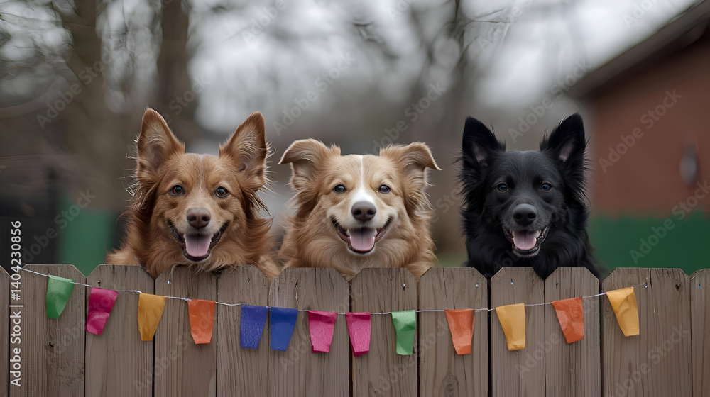 Three Happy Dogs Peeking Over a Wooden Fence Decorated with Colorful Bunting