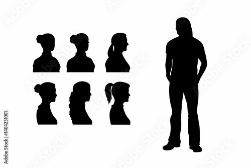 Silhouettes of One Man Standing Apart from a Line of Women on White Background Representing Social Concept or Gender Imbalance