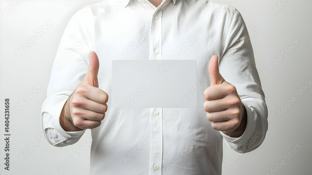 Man In White Shirt Shows Thumbs Up While Holding Blank Card Against White Background