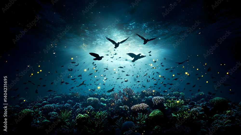Pixelated Silhouette Of Flying Birds Above Colorful Underwater Coral Reef In Deep Blue Water