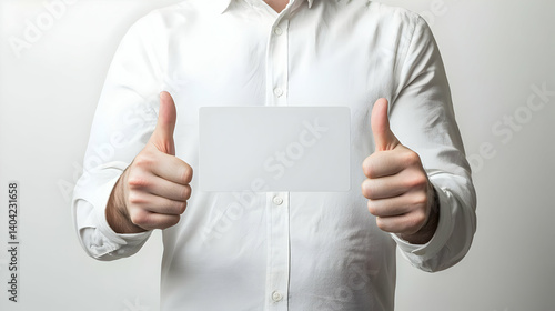 Obraz na płótnie Man In White Shirt Shows Thumbs Up While Holding Blank Card Against White Background w salonie