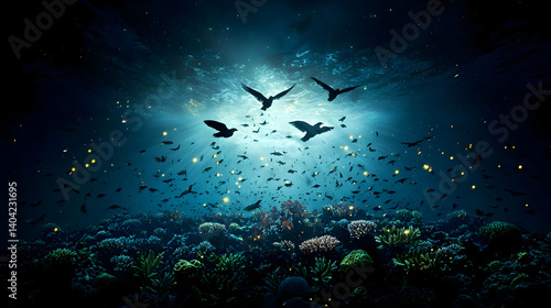 Obraz na płótnie Pixelated Silhouette Of Flying Birds Above Colorful Underwater Coral Reef In Deep Blue Water w salonie