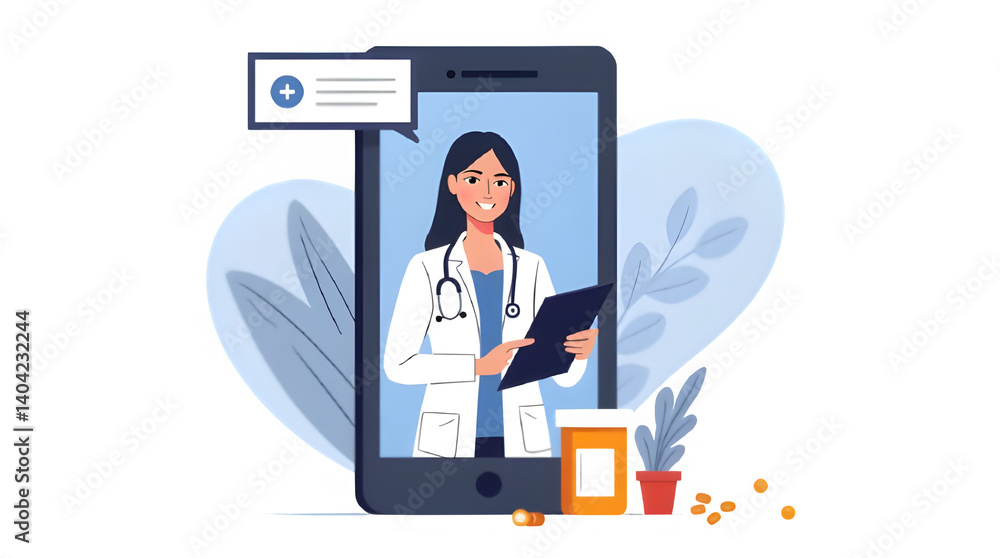 Flat style illustration of a female doctor offering online consultation via smartphone with medical icons and plants Flat style illustration of a female doctor offering online consultation via smartphone with medical icons and plants
