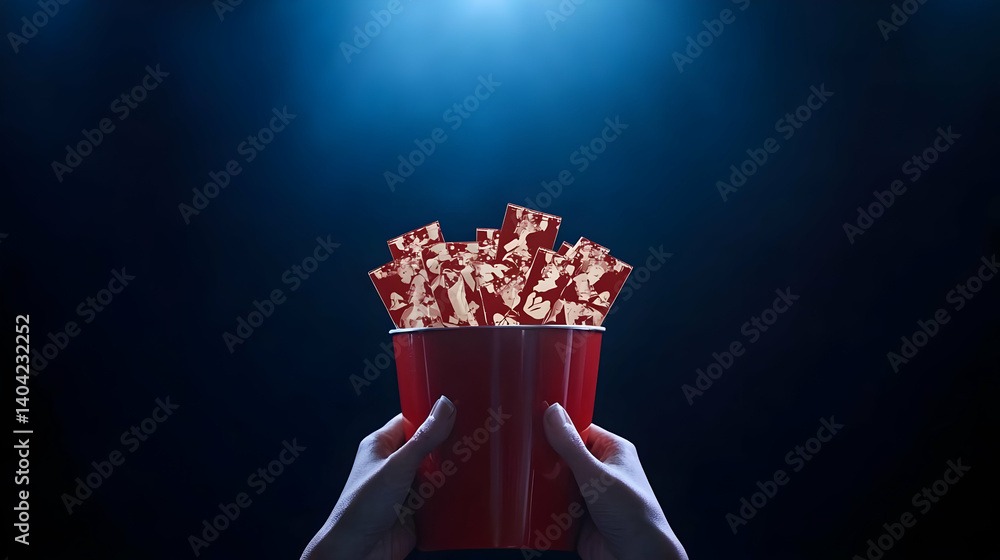 Hand Holding Red Popcorn Cup In Dark Theater
