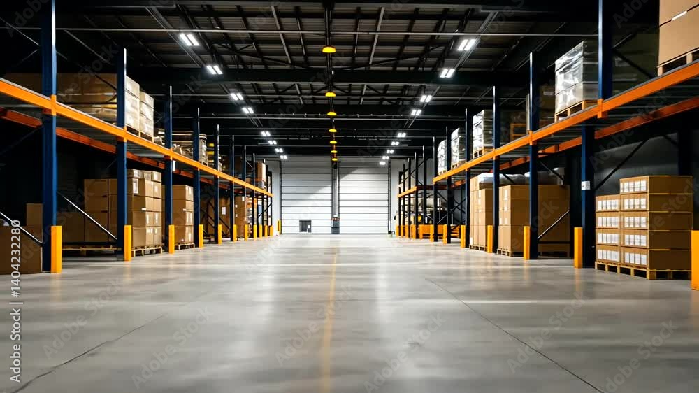 Warehouse interior, empty aisle, boxes, logistics, distribution center Warehouse interior, empty aisle, boxes, logistics, distribution center