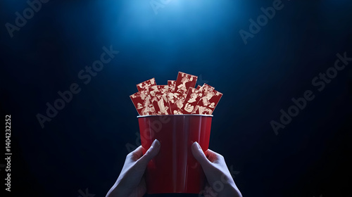 Obraz na płótnie Hand Holding Red Popcorn Cup In Dark Theater w salonie