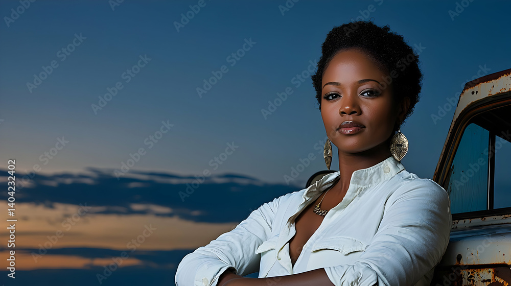 Portrait Of A Young Woman With Arms Crossed In A White Shirt Under An Evening Sky