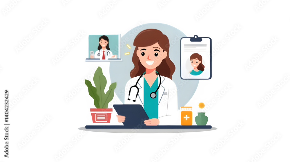 Flat style illustration of a female doctor offering online consultation via smartphone with medical icons and plants Flat style illustration of a female doctor offering online consultation via smartphone with medical icons and plants