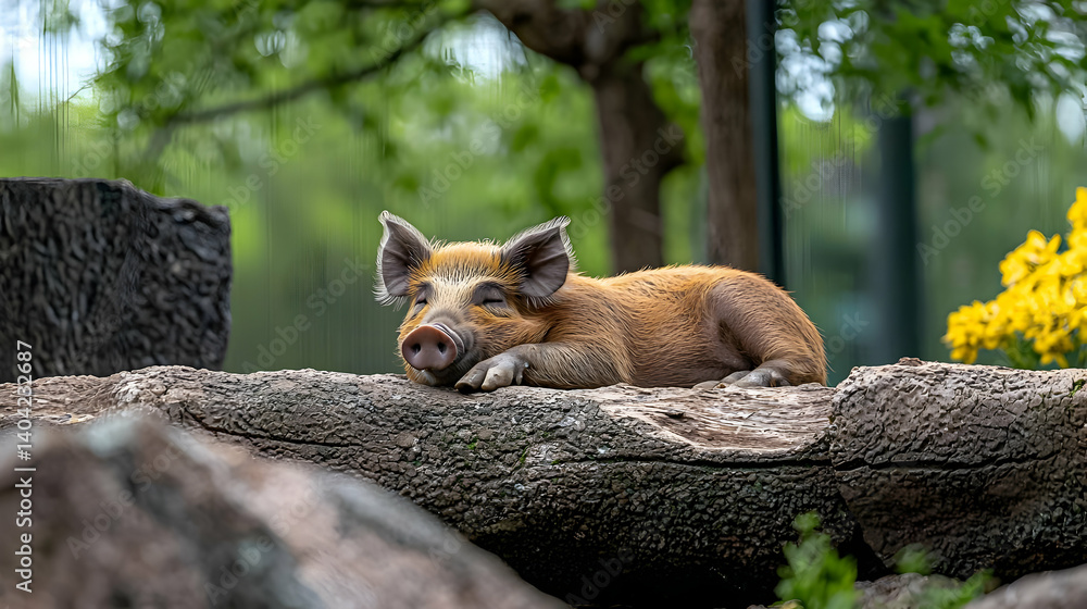Sleeping Piglet On Fallen Log In Park