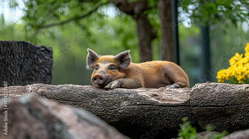 Sleeping Piglet On Fallen Log In Park