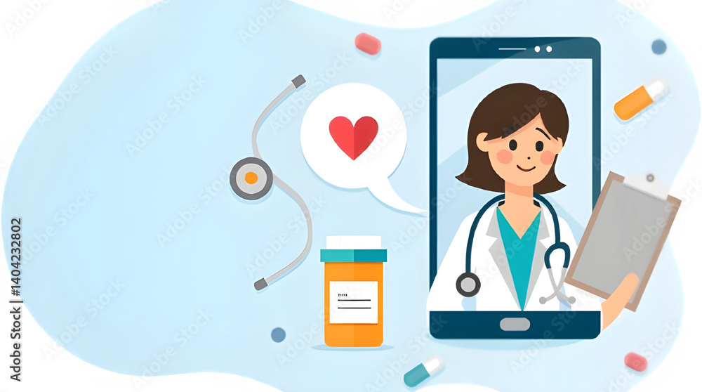 Flat style illustration of a female doctor offering online consultation via smartphone with medical icons and plants Flat style illustration of a female doctor offering online consultation via smartphone with medical icons and plants