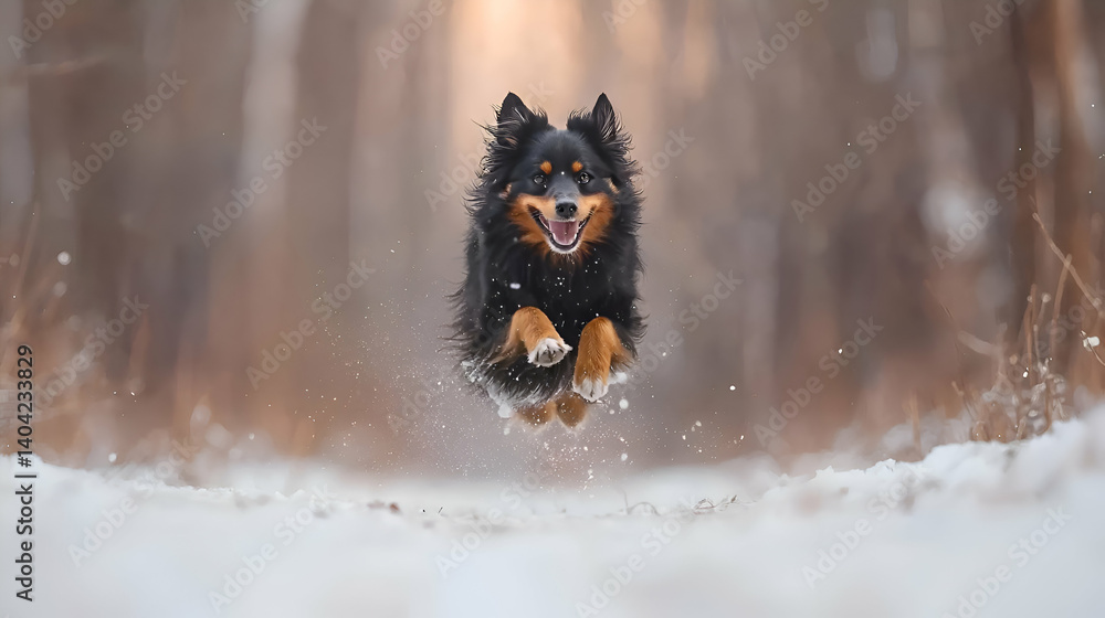 Happy Black And Tan Dog Leaping Through Snowy Forest