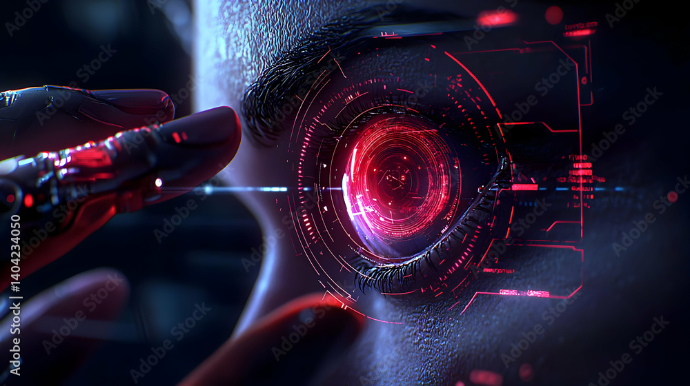 Close Up Futuristic Digital Eye With Graphic Overlay