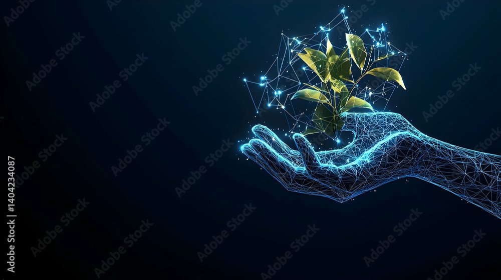 Glowing Digital Hand Holding Abstract Plant