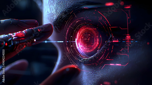 Obraz na płótnie Close Up Futuristic Digital Eye With Graphic Overlay w salonie