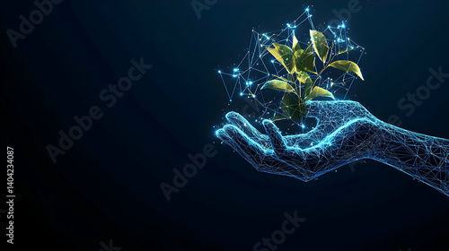 Obraz na płótnie Glowing Digital Hand Holding Abstract Plant w salonie