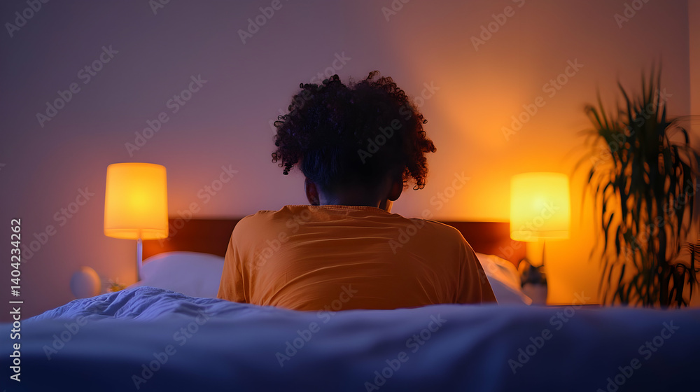 Person Sitting on a Bed at Night Surrounded by Warmly Lit Lamps and a House Plant