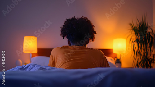 Obraz na płótnie Person Sitting on a Bed at Night Surrounded by Warmly Lit Lamps and a House Plant w salonie