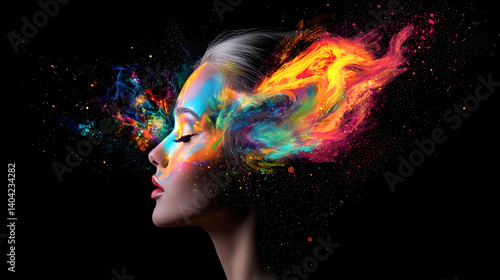 Obraz na płótnie Profile Portrait Of Young Woman With Colorful Explosion Bursting From Head On Black Background w salonie