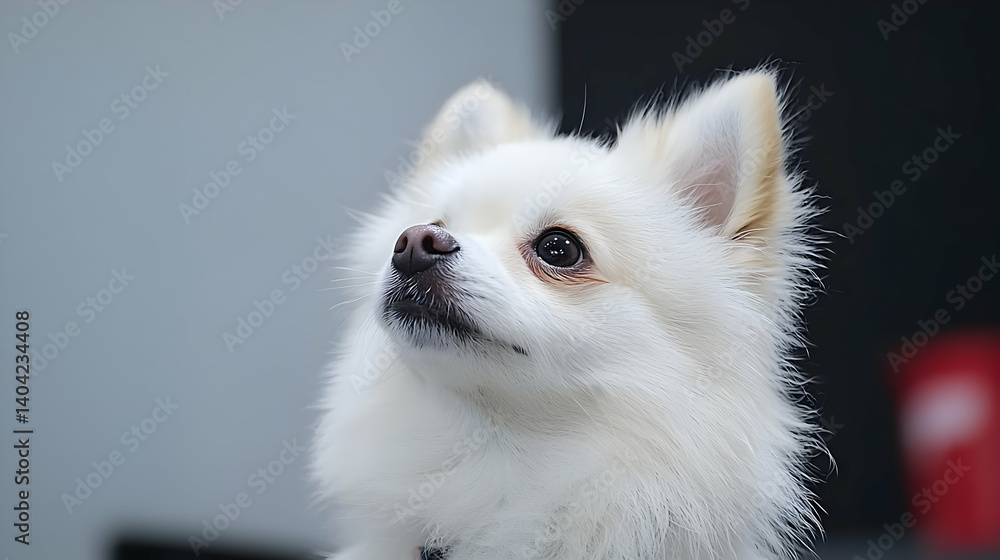 Close Up Portrait Of A Fluffy White Pomeranian Dog