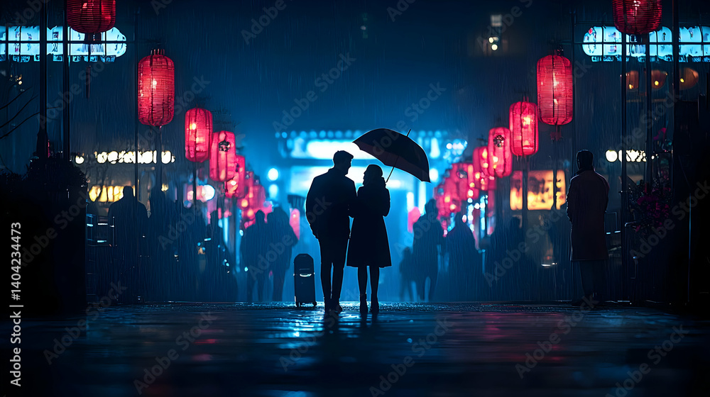 Rainy Night Couple Under Umbrella In City Street
