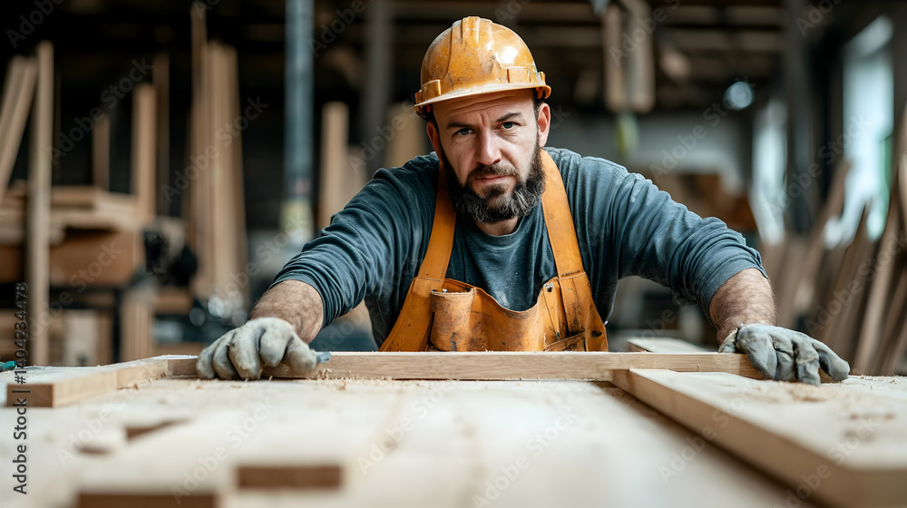 Focused Carpenter Working With Wood In Workshop
