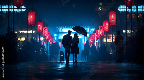 Obraz na płótnie Rainy Night Couple Under Umbrella In City Street w salonie
