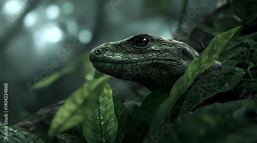 Obraz na płótnie Closeup Lizard In Lush Green Foliage w salonie