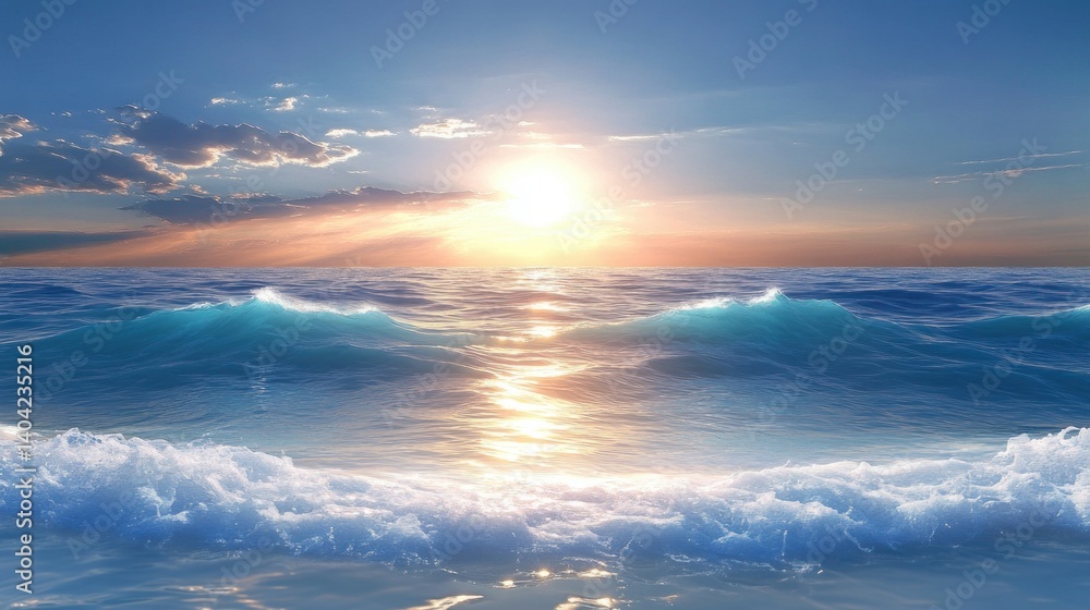 Calm Coastal Sunset Over Gentle Waves at Horizon Calm Coastal Sunset Over Gentle Waves at Horizon